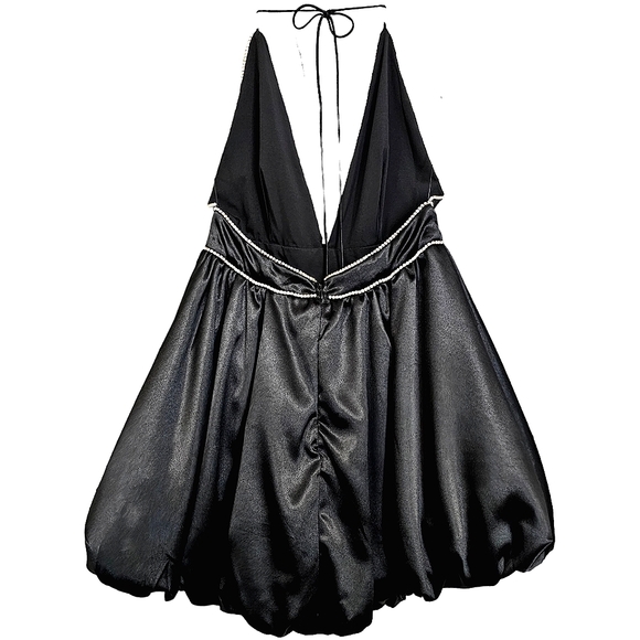 Nwot Lena Black Satin Halter Deep Plunge Rhinestone Trim Bubble Cocktail Dress - Picture 9 of 17